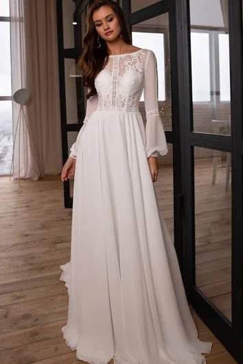 Contemporary Fashion Sale Elegant Ensemble Bohemian Bateau A Line Chiffon and Lace Sweep Train Wedding Dress with Ruching