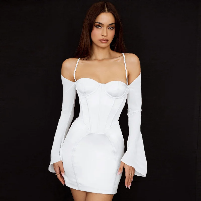 Seasonal Picks Modern Glamour Silky Satin Long Sleeve Off Shoulder Corset Club Mini Dress - White