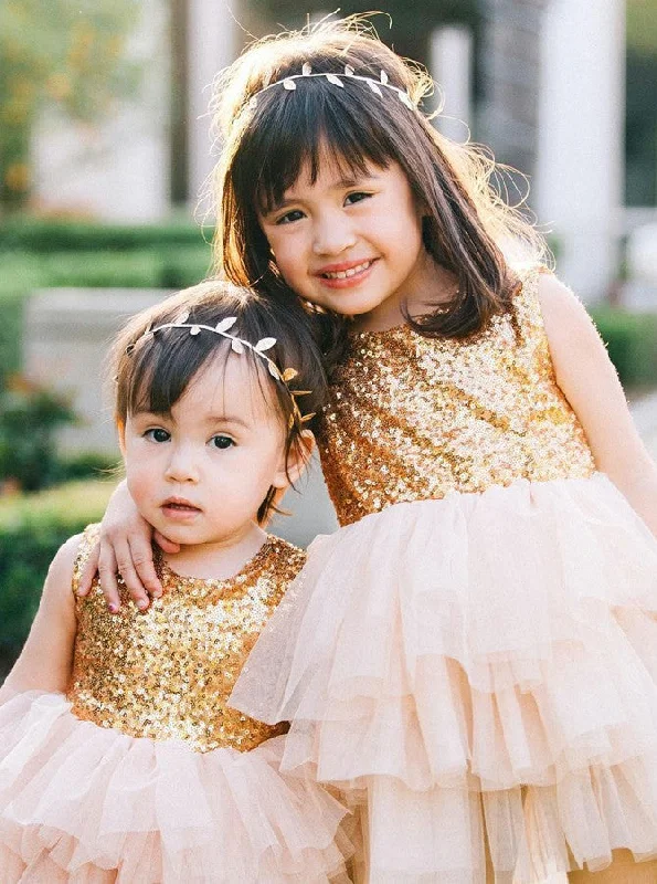 Limited Stock, Big Sale Limited - Stock Sequins Gold Tulle Flower Girl Ball Gown Dress With Bowknot OF108