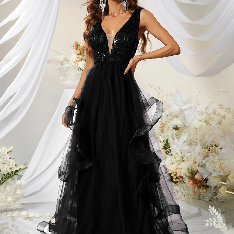 Fashion Forward Effortless Comfort Black Sequined V Neck Gown