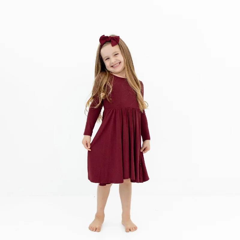 New Arrivals Feminine Elegant Long Sleeve Twirl Dress in Burgundy