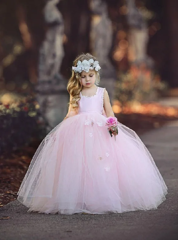 Limited Time Special Offer Artful Design Princess Light Pink Ball Gown Tulle Flower Girl Dress OF124