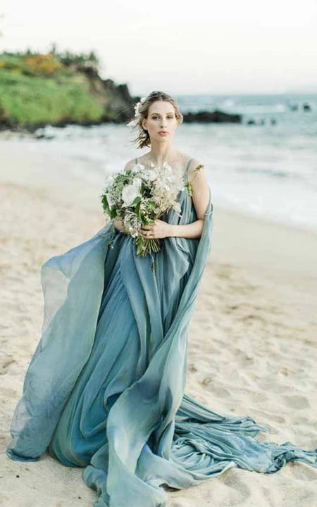 Athleisure Style Sale Subtle Sophistication Casual Beach Blue Chiffon Pleated Spaghetti Empire Wedding Bridesmaid Dress