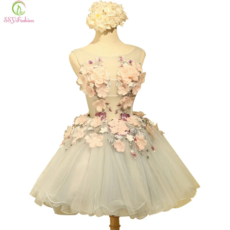 Elegant Style Romantic Detailing SSYFashion New Arrvial Sweet Flower Cocktail Dress Bride Banquet Sweet Organza Sleeveless Appliques Mini Party Ball Gown Custom