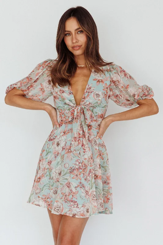 Spring Fashion Save On Classic Elegant Styles Madison Bow Tie Bust Puff Sleeve Dress Floral Mint