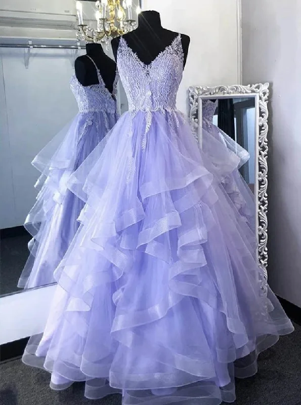 Mega Sales Subtle Sophistication Princess Lilac Tulle Long Prom Gown Lace Appliques Formal Dress PO375