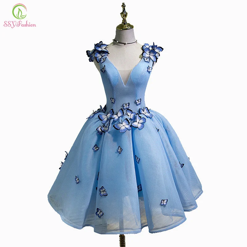 Fashion Deal Vintage Elegance SSYFashion New Sexy Cocktail Dress The Bride Banquet Sky Blue V-neck Sleeveless Backless Butterfly Party Ball Gown Custom Made