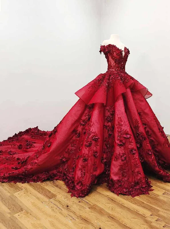 Weekend Exclusive Luxury Comfort Ball Gown Quinceanera Dress Burgundy Beading Prom Dress With 3D Appliques OP728