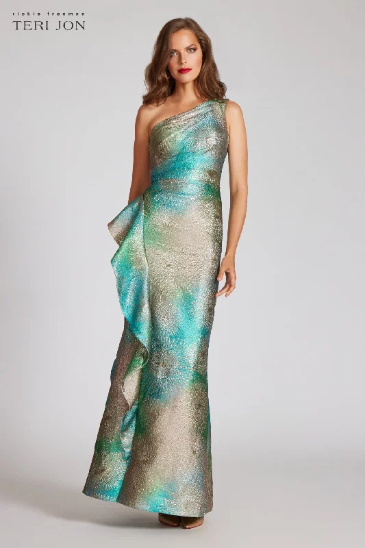 On-Trend Fashion Offers Statement Piece Metallic Starburst Pattern One Shoulder Gown