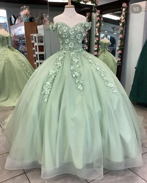 Athleisure Style Sale Effortless Grace Off The Shoulder Sage Green Ball Gown With Flowers Sweet 16 Dress Quinceanera Y4342