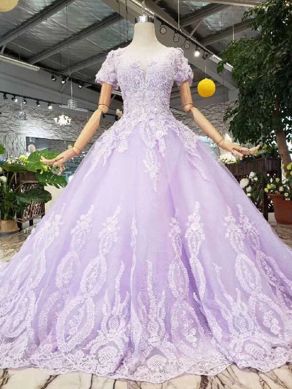 Must Haves Elegant Contour Lilac Ball Gown Quinceanera Short Sleeves Beaded Prom Dress With Appliques