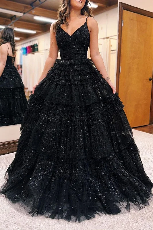 Limited Stock, Big Discounts Hollywood Glam Award - Show Style Sparkly Black A-line Straps Prom Dress Tulle Evening Gown