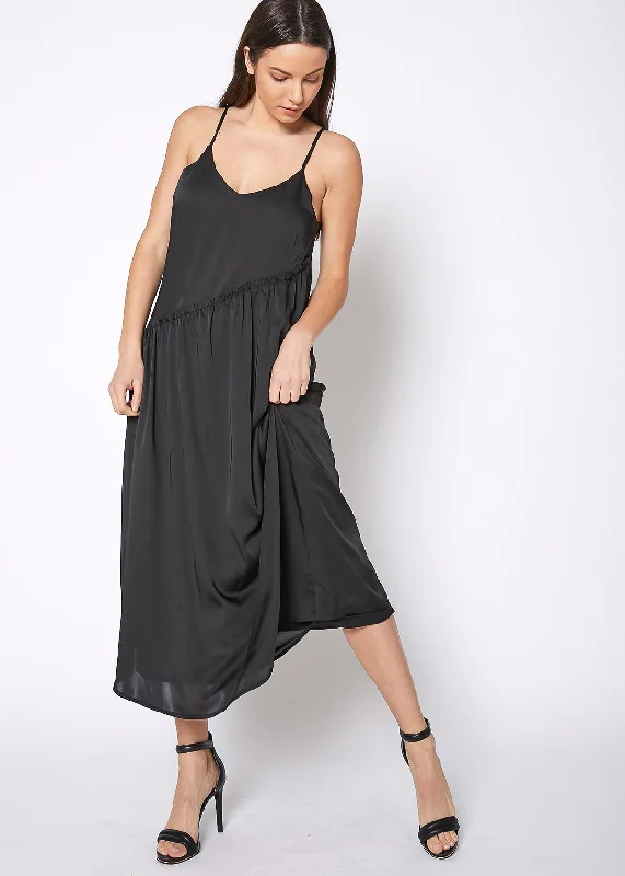 Spring Fashion Feminine Flow Women's Diagonal Patched Spaghetti Strap Maxi Dress In Black