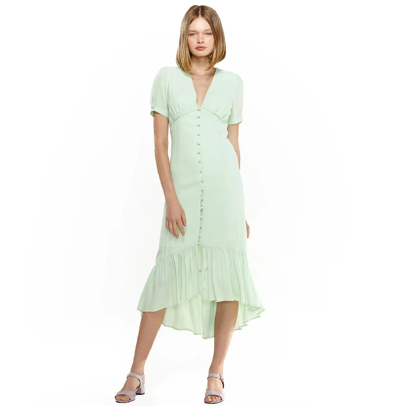 Hot Trends Casual Weekend Relaxed Style V-Neck Mermaid Button Down Maxi Dress In Spring Sage