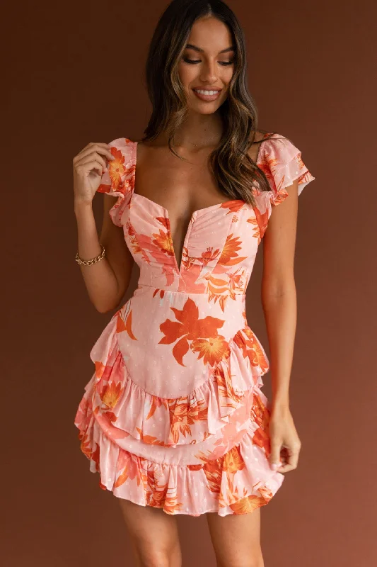 Vintage-Modern Style Offers Hollywood Glam Award - Show Style Liz Ruffle Shoulder Dress Floral Orange