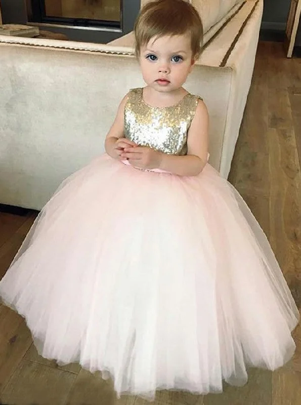 Absurdly Cheap Sale Flash Sale Sequins Gold Tulle Flower Girl Dress Ball Gown Birthday Dress With Bowknot OF115