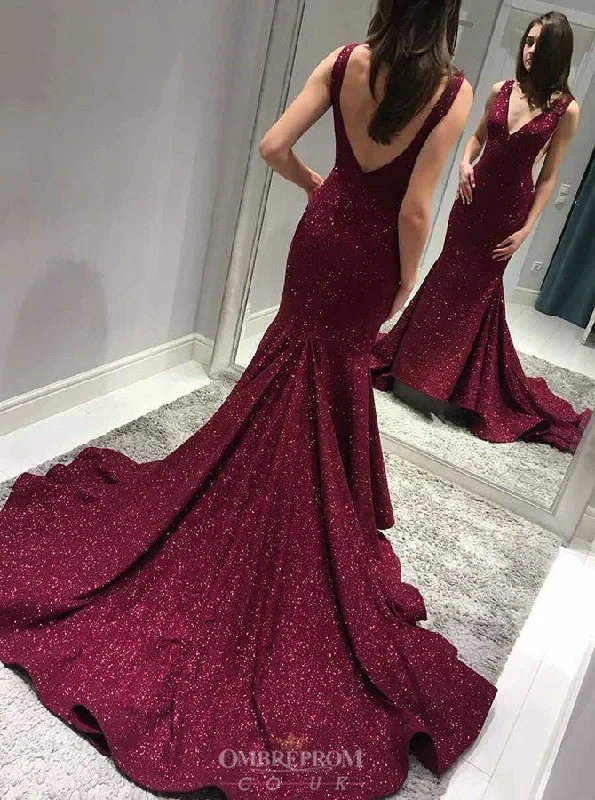 Huge Markdowns Vintage Retro Party Wear Sparkly Mermaid Burgundy Prom Dresses V-Neck Backless Evening Gown OP818