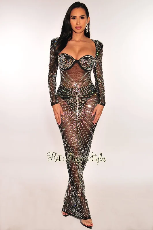 Popular Collection Romantic Date - Night Ensemble Black Mesh Rhinestone Padded Cut Out Back Long Sleeve Gown