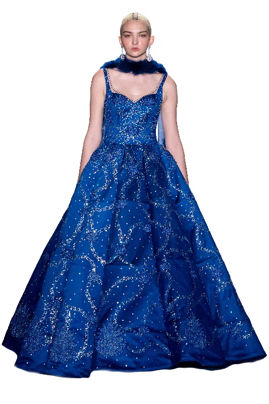 Trendy Looks On Sale Floral Style Sapphire Blue Crystals Gown