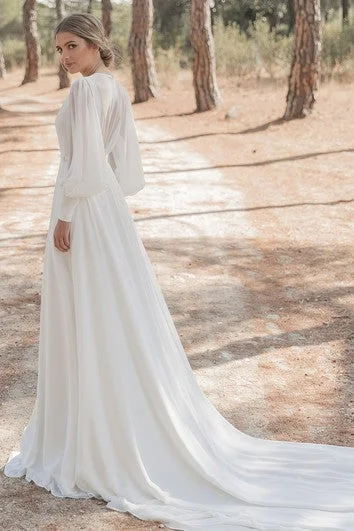 Limited Time Dreamy Draping Modest A Line Chiffon High Neck Chapel Train Wedding Dress with Ruching