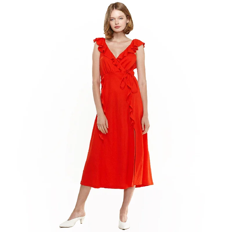 Exclusive Sale Chic Allure Women's Ruffle Trim Wrapped Maxi Dress in Red