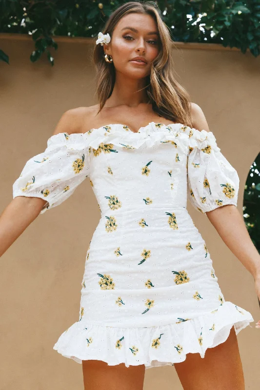 New Season Fashion Preview Sale Elegant Ensemble Morning Song Off-Shoulder Frill Trim Embroidery Dress Floral Print Yellow