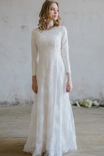 Low Price Special Minimalist Office - Ready Style Elegant Lace Scoop Neckline 3/4 Sleeve Wedding Dress