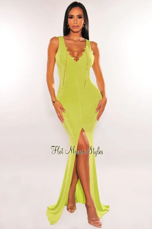 Hot Sale Classic Timeless Elegant Style Lime Ribbed Sleeveless Gold Chain Lace Up Slit Gown