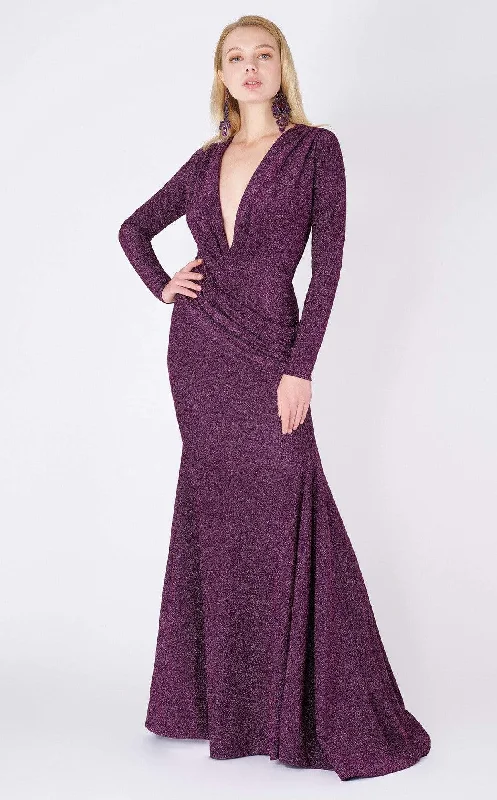 Cozy Chic Promotions Disco - Inspired Retro Dance Look MNM Couture - L0002B Long Sleeve V-neck Trumpet Dress