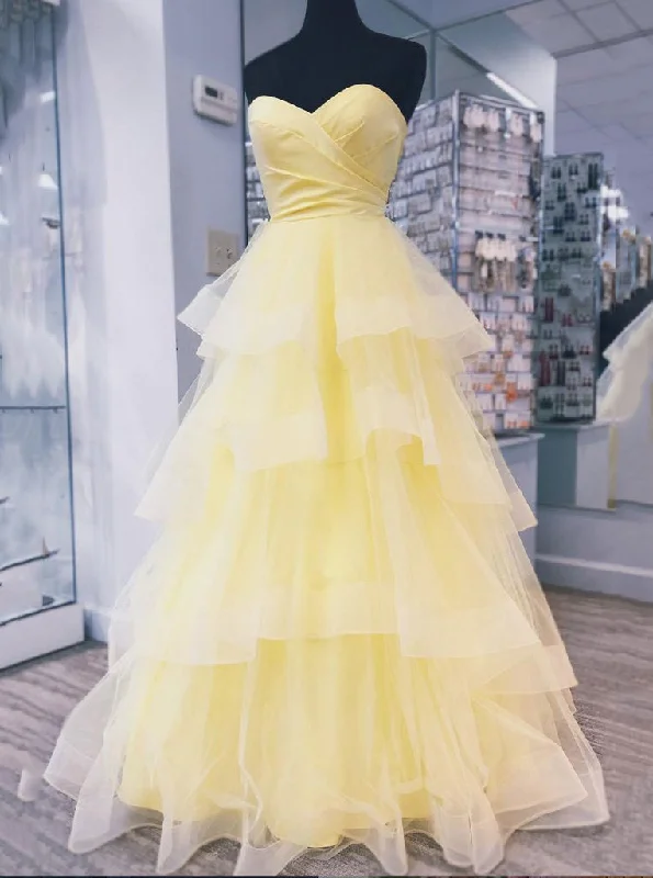 Limited Time Offer Casual Weekend Relaxed Style Yellow Sweetheart Tulle Long Prom Dress With Layered Dance Gown OP652