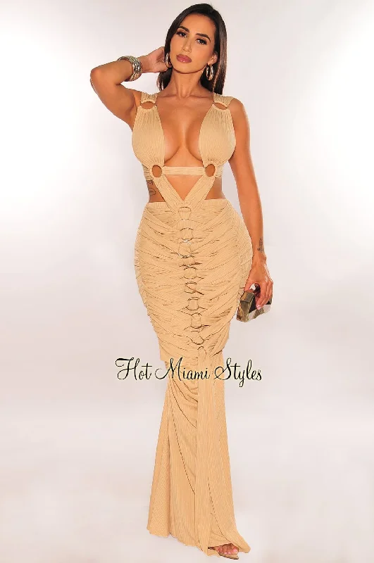 Laid-Back Fashion Offers Contemporary Elegance Nude Ribbed Cut Out O-Ring Pleated Gown