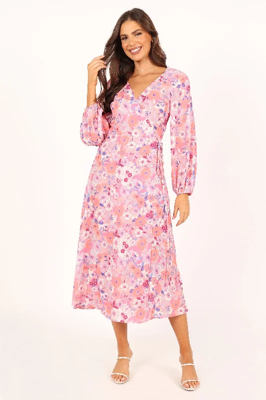 Sleek Style Discounts Bold Patterns Phiona Long Sleeve Midi Dress - Pink Floral