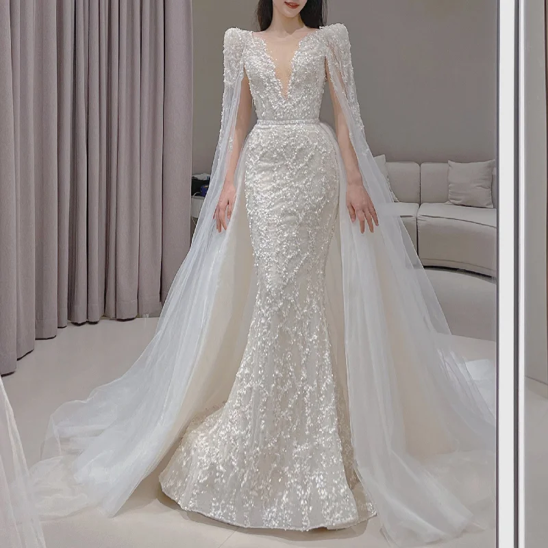 Exclusive Designer Style Deals Chic Urban Fashion Look Elegant Sparkly Mermaid Wedding Dress With Cape and Detachable Train