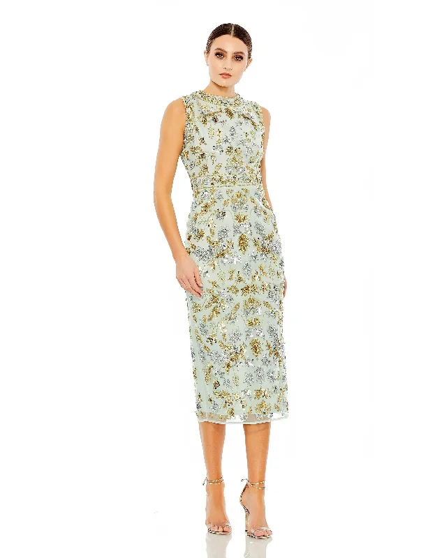 Budget Saver Chic Allure Sequined, high neck, sleeveless sheath midi dress