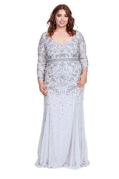 Evening Elegance Artful Design Shail K - Bedazzled Long Sleeve V-neck Trumpet Dress 12162W - 1 pc Navy In Size 18W Available