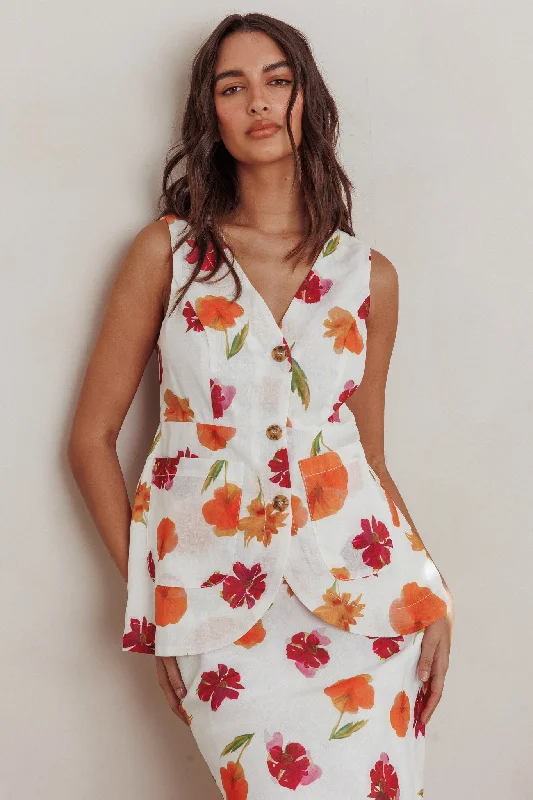 Massive Selection Sale Effortless Comfort Philomena Button Front Pocket Vest Top Floral Orange Multi