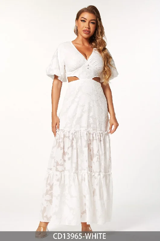 Fashionista Sale Formal Outfit WHITE V-NECK SHORT SLEEVES CUT-OUT WAIST MAXI DRESS CD13965