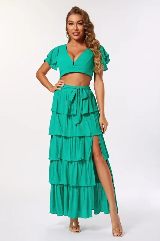 Feminine Style Promotions Timeless Elegant GREEN SHORT SLEEVE CROP TOP AND SKIRT SET CS38601