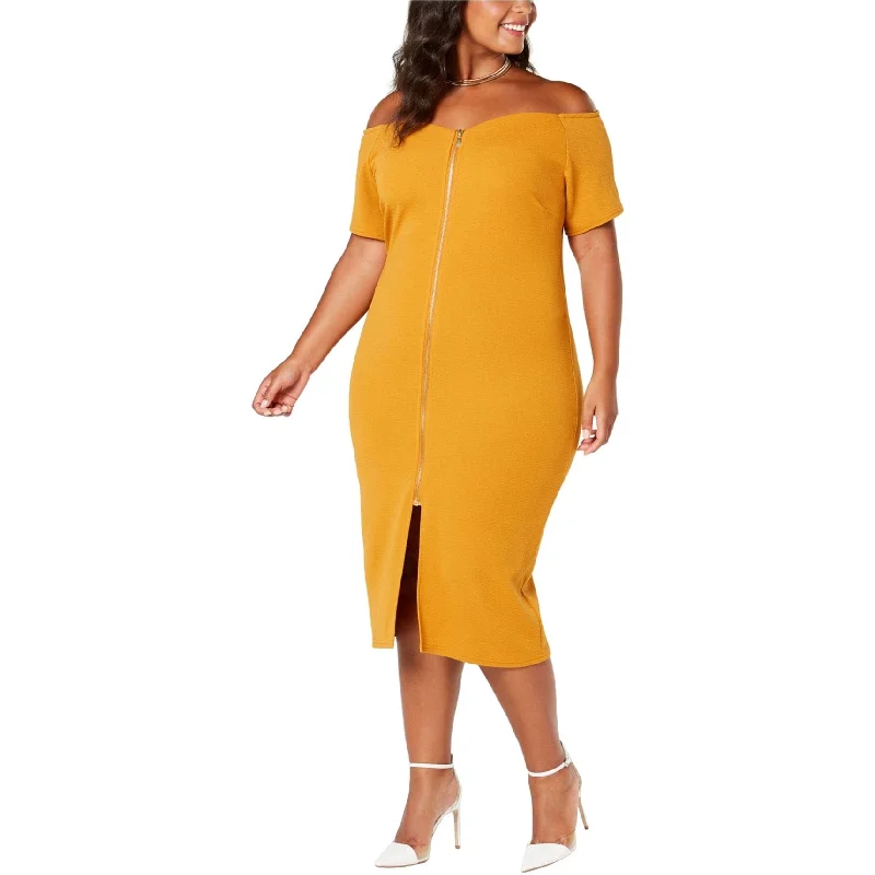 Trendy Street Style Artful Design Planet Gold Womens Zip Front Bodycon Dress, Yellow, 1X