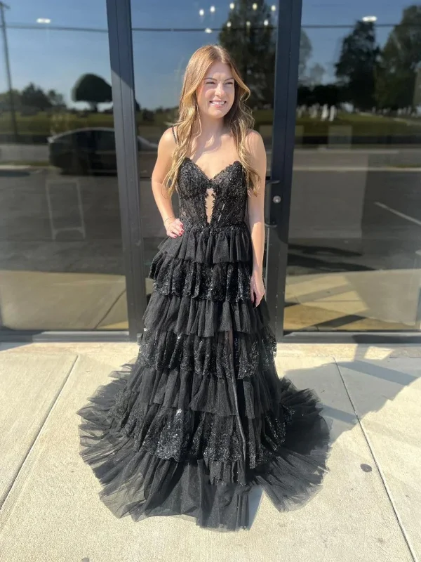 Budget Saver Luxury Style A Line V Neck Spaghetti Straps Layered Black Lace Long Prom Dresses, Long Black Lace Formal Graduation Evening Dresses SP3117