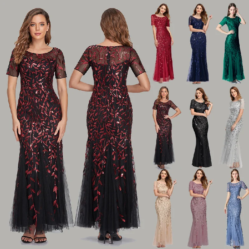 Feminine Style Promotions Seasonal Trend Elegant Scoop Neck Short Sleeve Mermaid Tulle Maxi Evening/Formal Dress with Sparkling Details