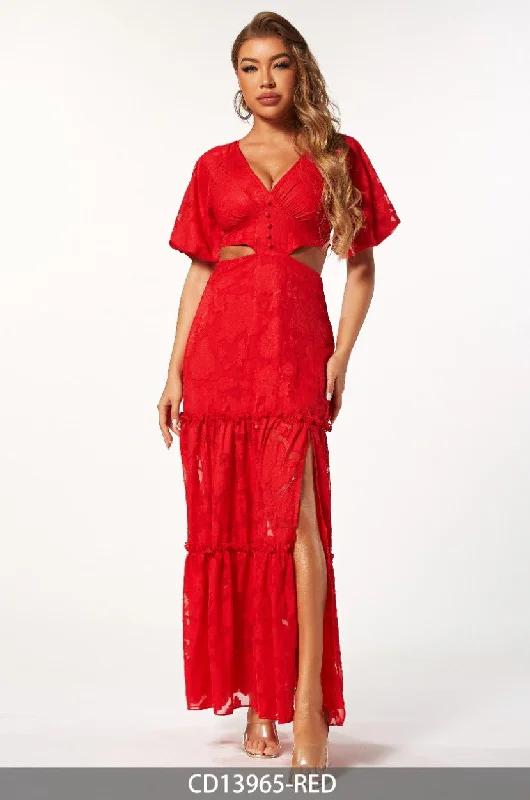 Bold Fashion Sales Effortless Comfort RED V-NECK SHORT SLEEVES CUT-OUT WAIST MAXI DRESS CD13965