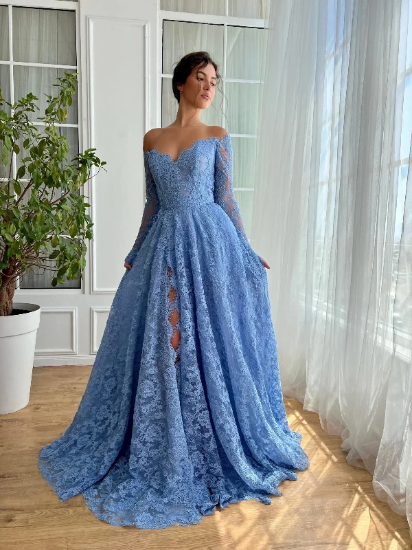 Limited Time Flash Sale Minimalist Chic Long Sleeves Light Blue Lace Long Prom Dresses with High Slit, Long Sleeves Blue Formal Dresses, Blue Lace Evening Dresses SP3120