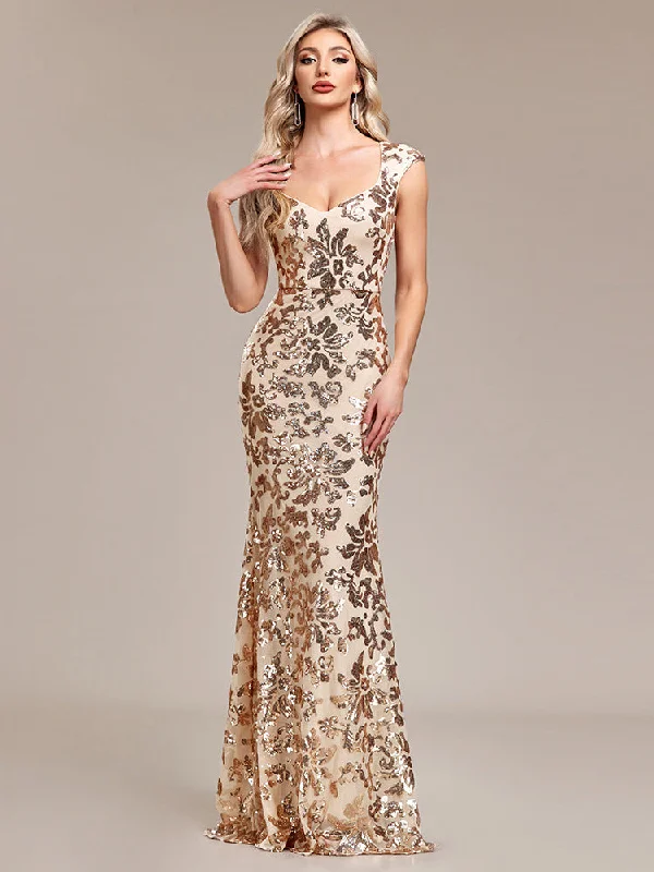 Valentine's Special Graceful Drape Alluring Queen Anne Neckline Cap Sleeve Floral Sheath Evening/Formal Maxi Dress