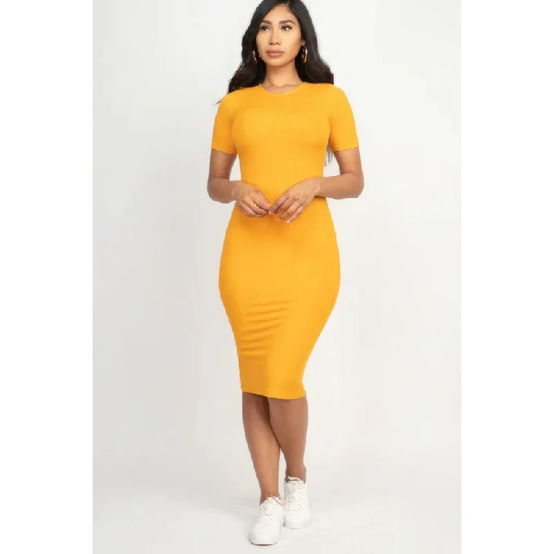 Seasonal Trends Minimalist Elegant Ribbed Bodycon Midi Dress with Short Sleeves Perfect for Various Occasion