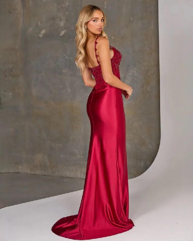 Relaxed Style Deals Casual Elegance Niki Corset Satin Gown - Ruby