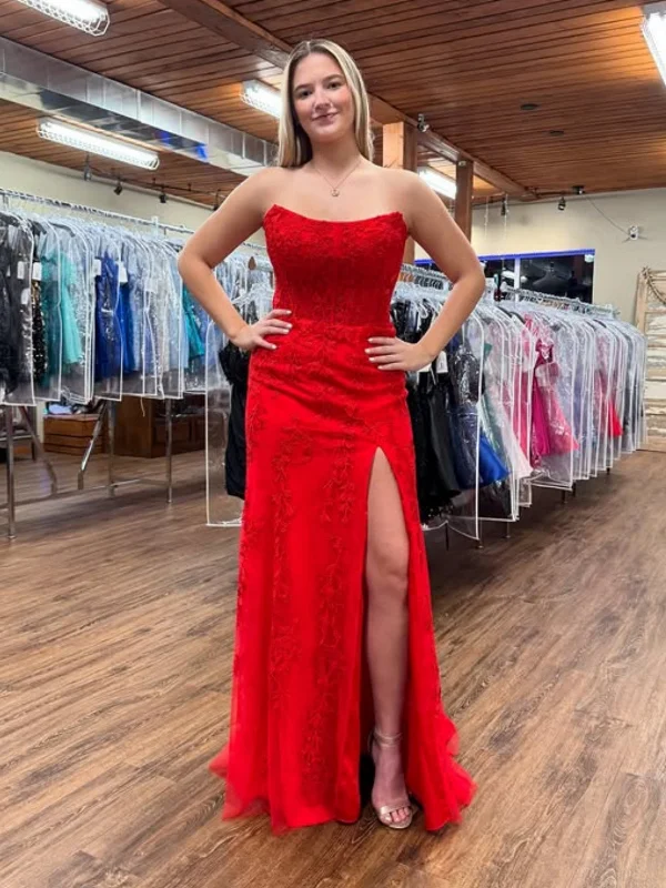 Top Deals Graceful Drape Strapless High Slit Red Lace Long Prom Dresses, Red Lace Formal Graduation Evening Dresses SP2126