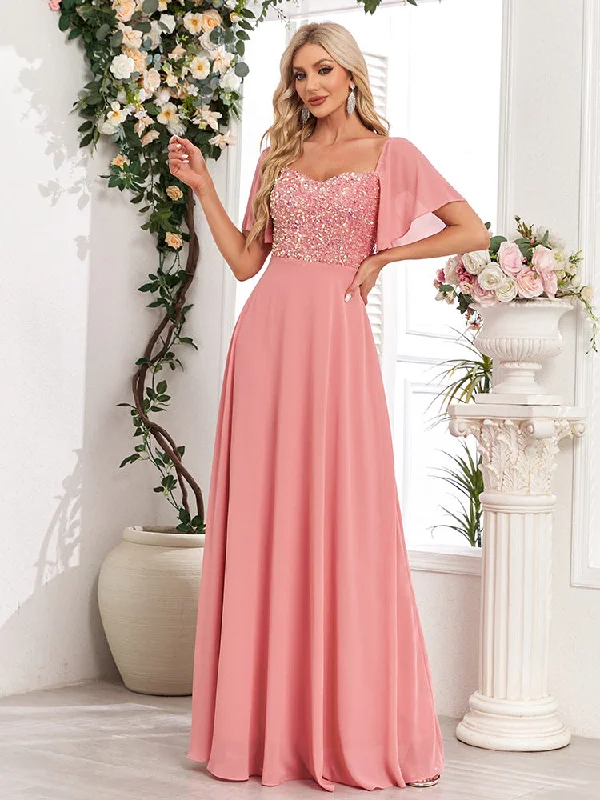 Chic & Modern Sales Flash Sale Short Bell Sleeves Sequined Bodice A-line Chiffon Maxi Prom/Evening Dress