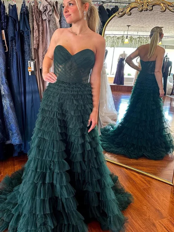 New Arrivals Graceful Movement Strapless Sweetheart Neck Ruffle Dark Green Tulle Long Prom Dresses with Train, Dark Green Formal Graduation Evening Dresses SP3119