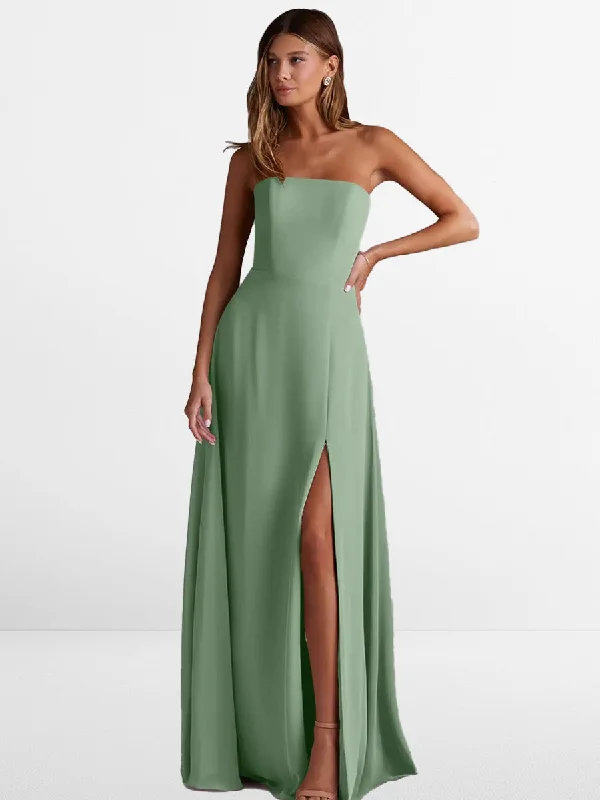 Chic And Trendy Statement Piece 2025 Matcha Green A-Line Side Slit Chiffon Convertible Bridesmaid Dress with Spaghetti Straps